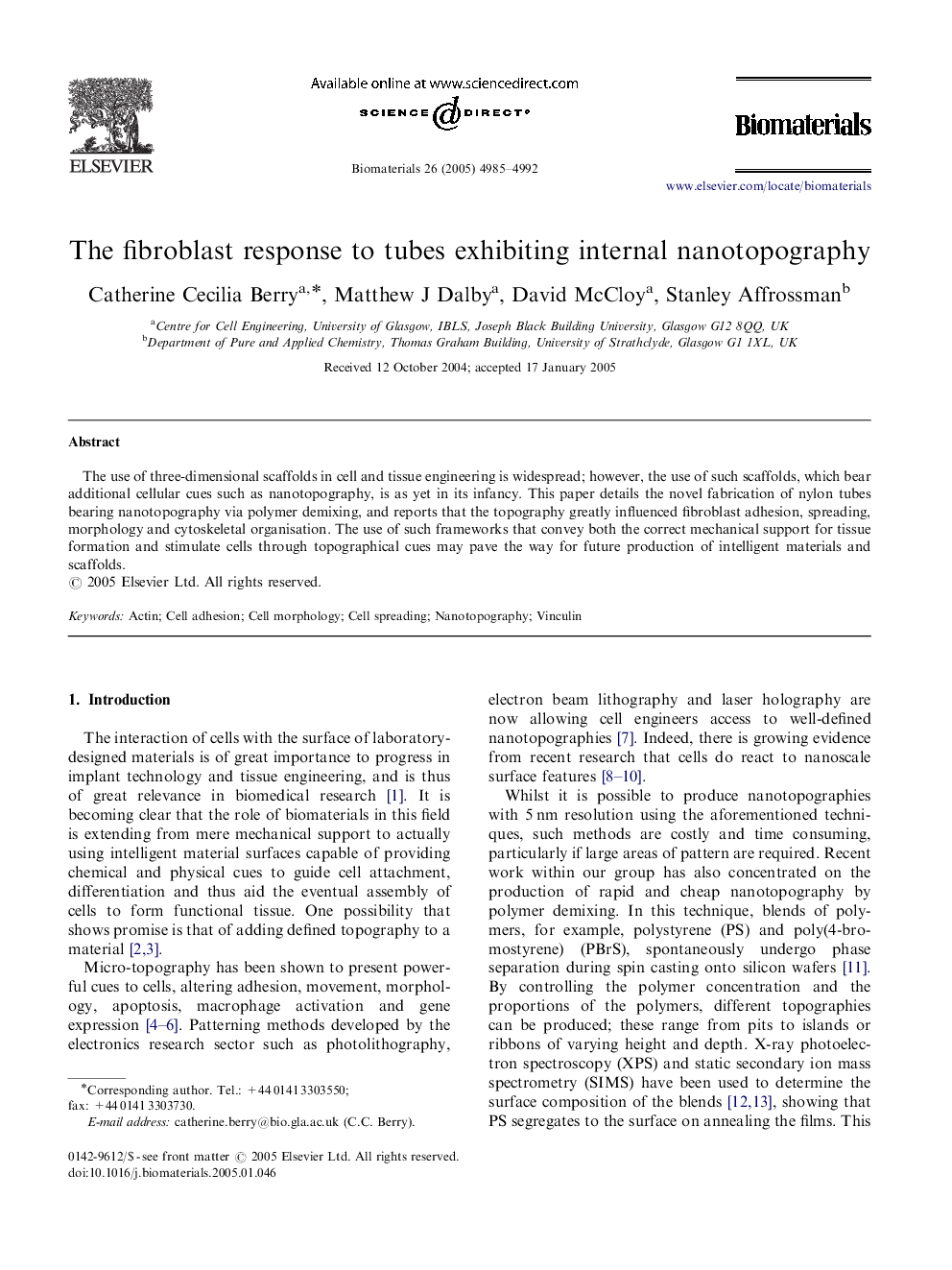 The fibroblast response to tubes exhibiting internal nanotopography