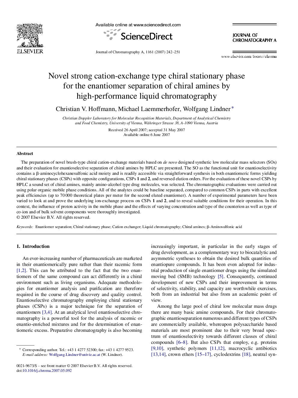 Novel strong cation-exchange type chiral stationary phase for the enantiomer separation of chiral amines by high-performance liquid chromatography