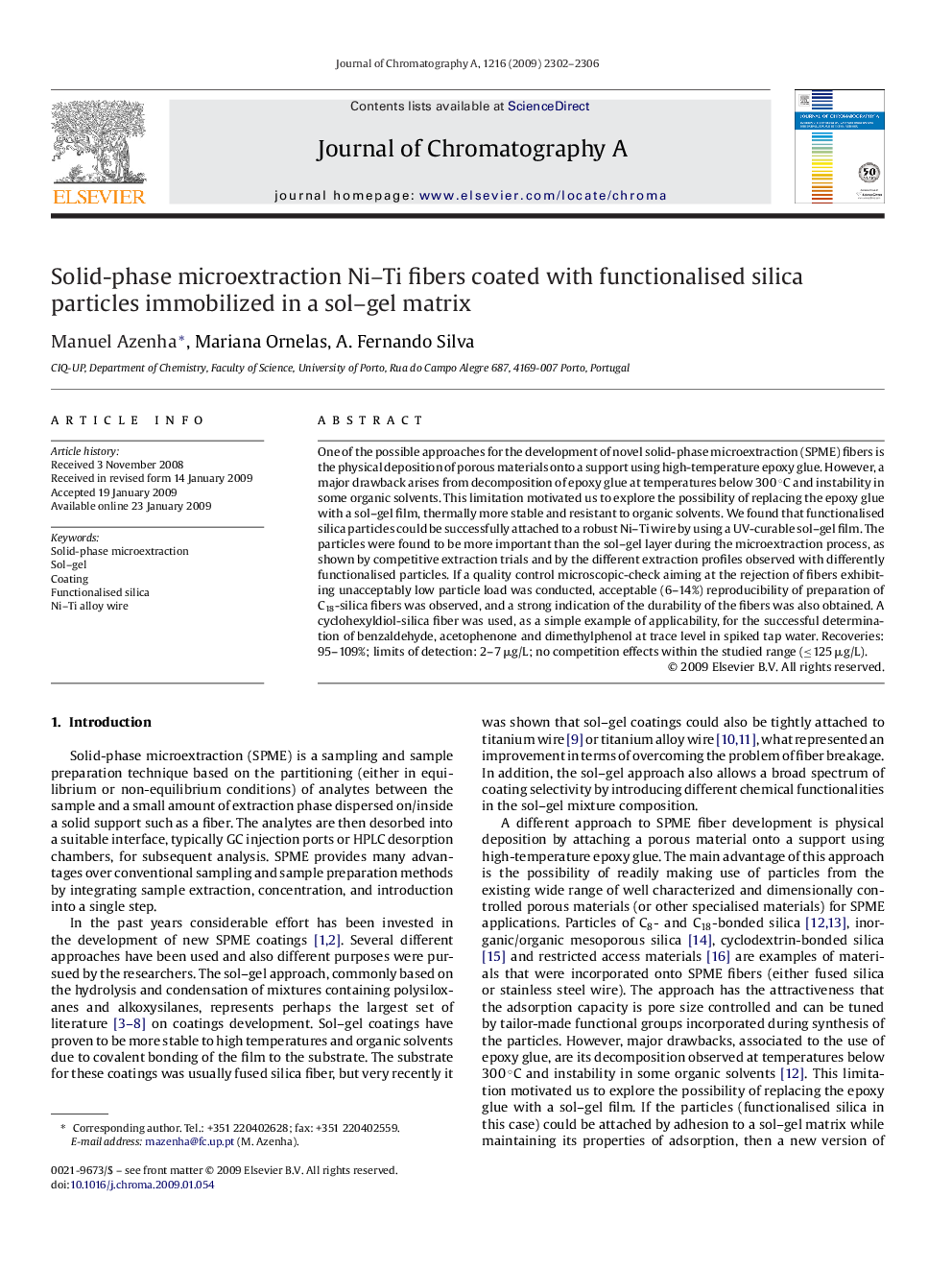 Solid-phase microextraction Ni–Ti fibers coated with functionalised silica particles immobilized in a sol–gel matrix