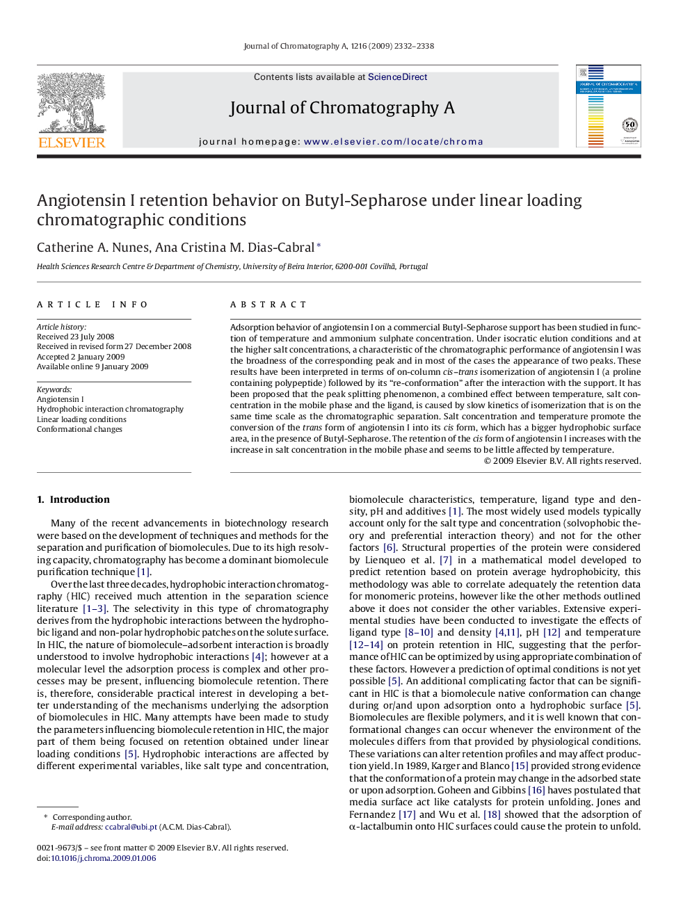 Angiotensin I retention behavior on Butyl-Sepharose under linear loading chromatographic conditions