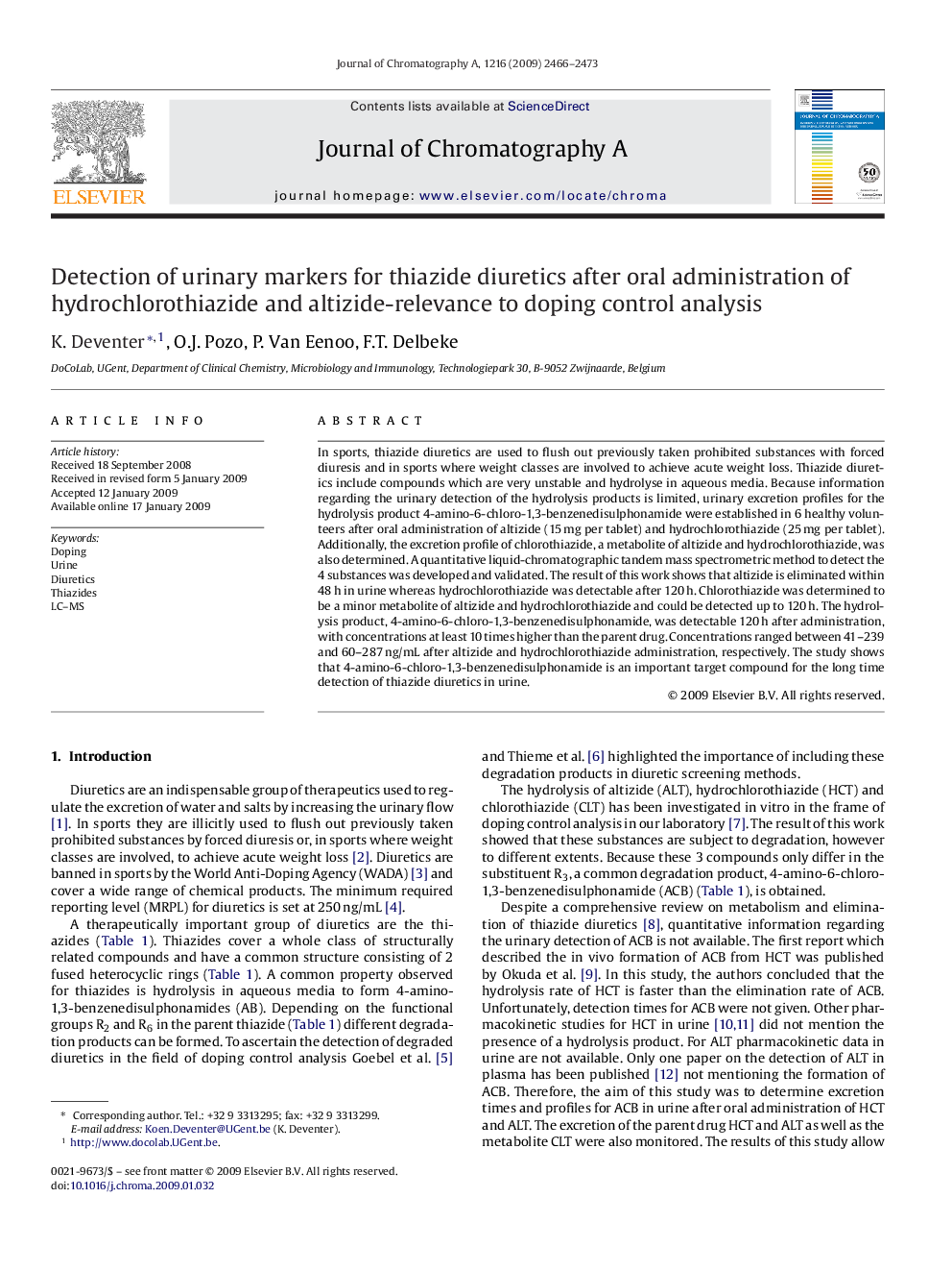 Detection of urinary markers for thiazide diuretics after oral administration of hydrochlorothiazide and altizide-relevance to doping control analysis