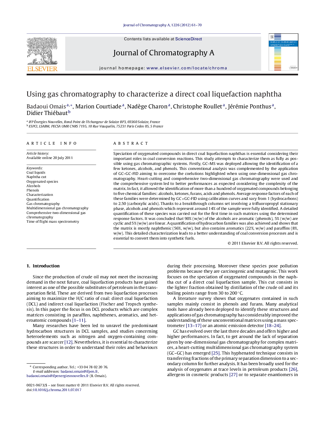 Using gas chromatography to characterize a direct coal liquefaction naphtha