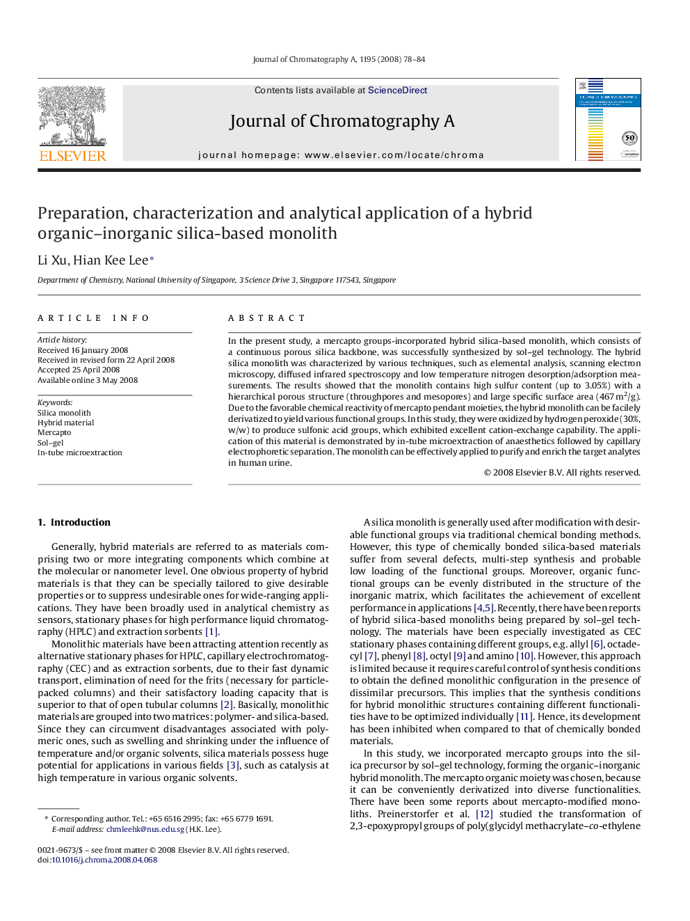 Preparation, characterization and analytical application of a hybrid organic–inorganic silica-based monolith