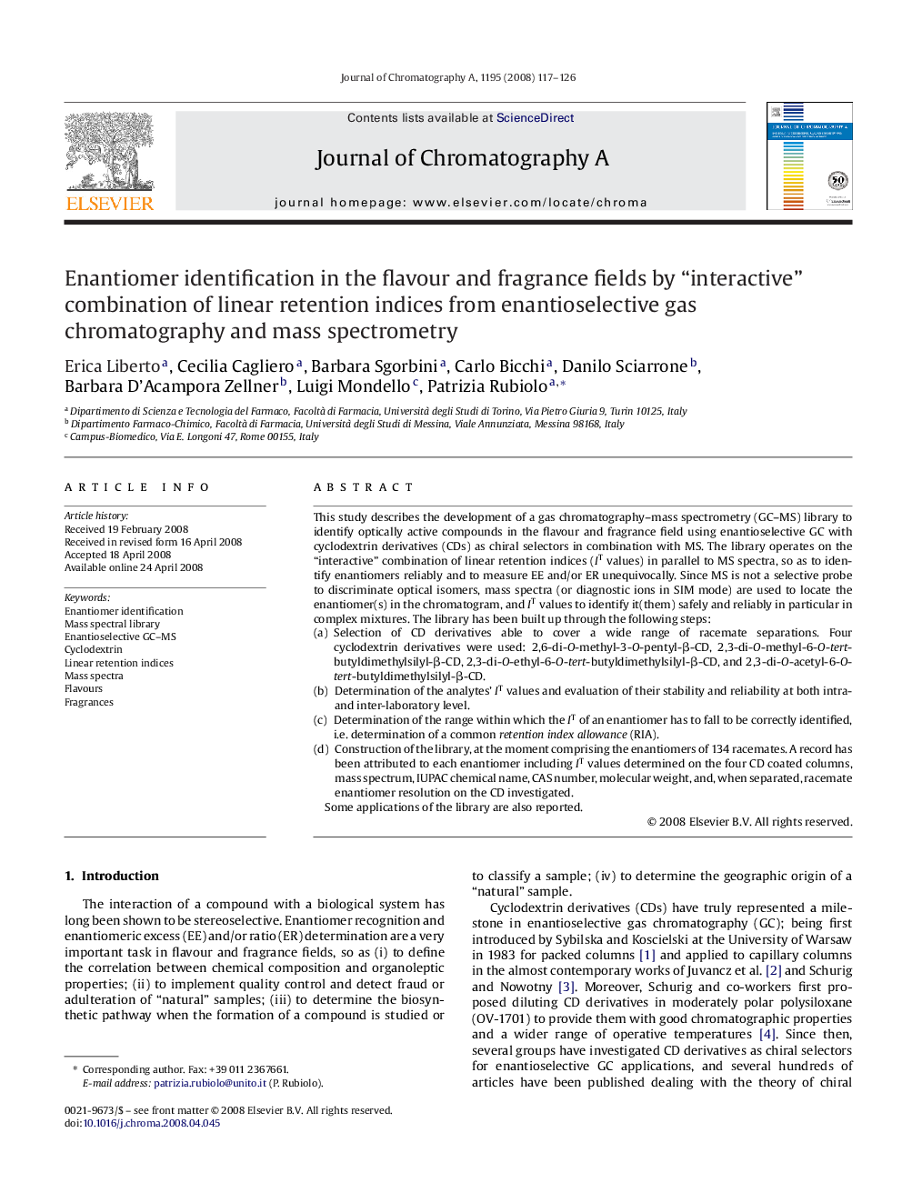 Enantiomer identification in the flavour and fragrance fields by “interactive” combination of linear retention indices from enantioselective gas chromatography and mass spectrometry