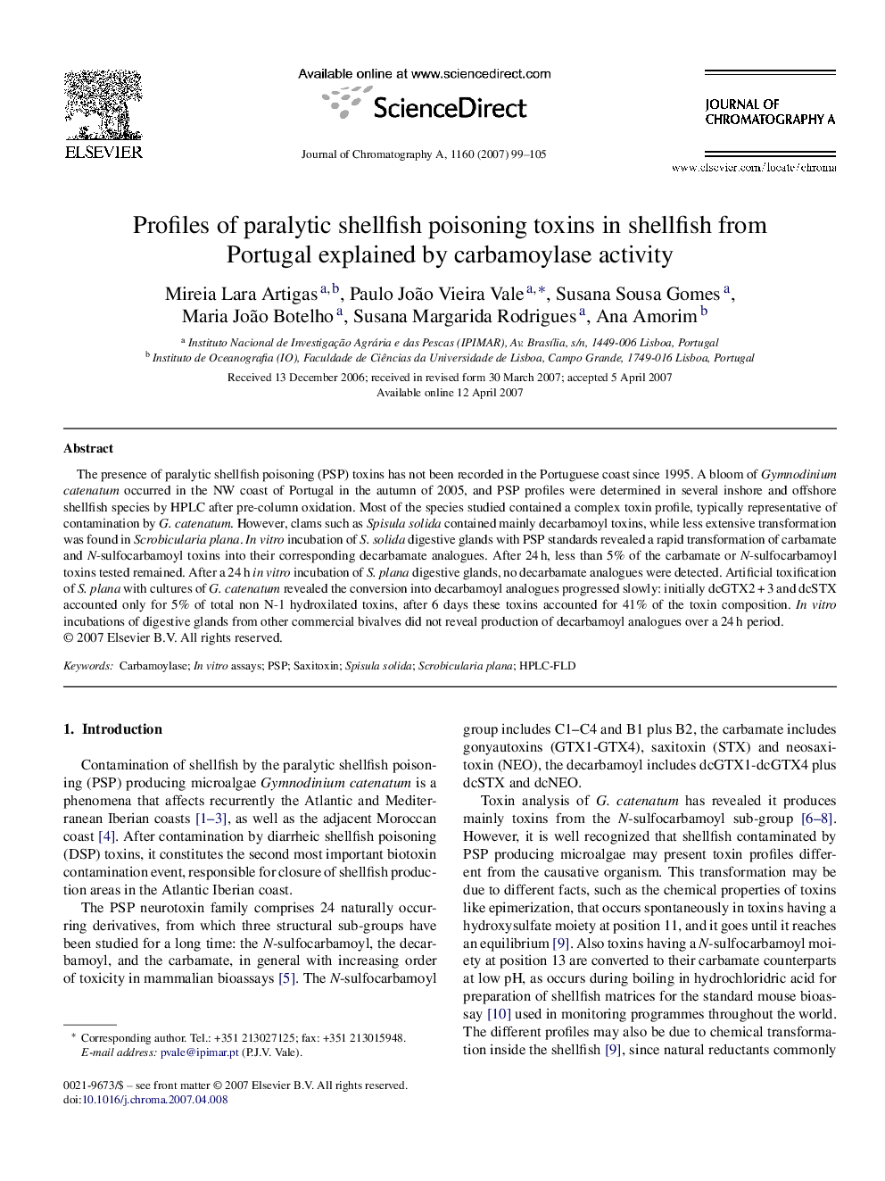 Profiles of paralytic shellfish poisoning toxins in shellfish from Portugal explained by carbamoylase activity