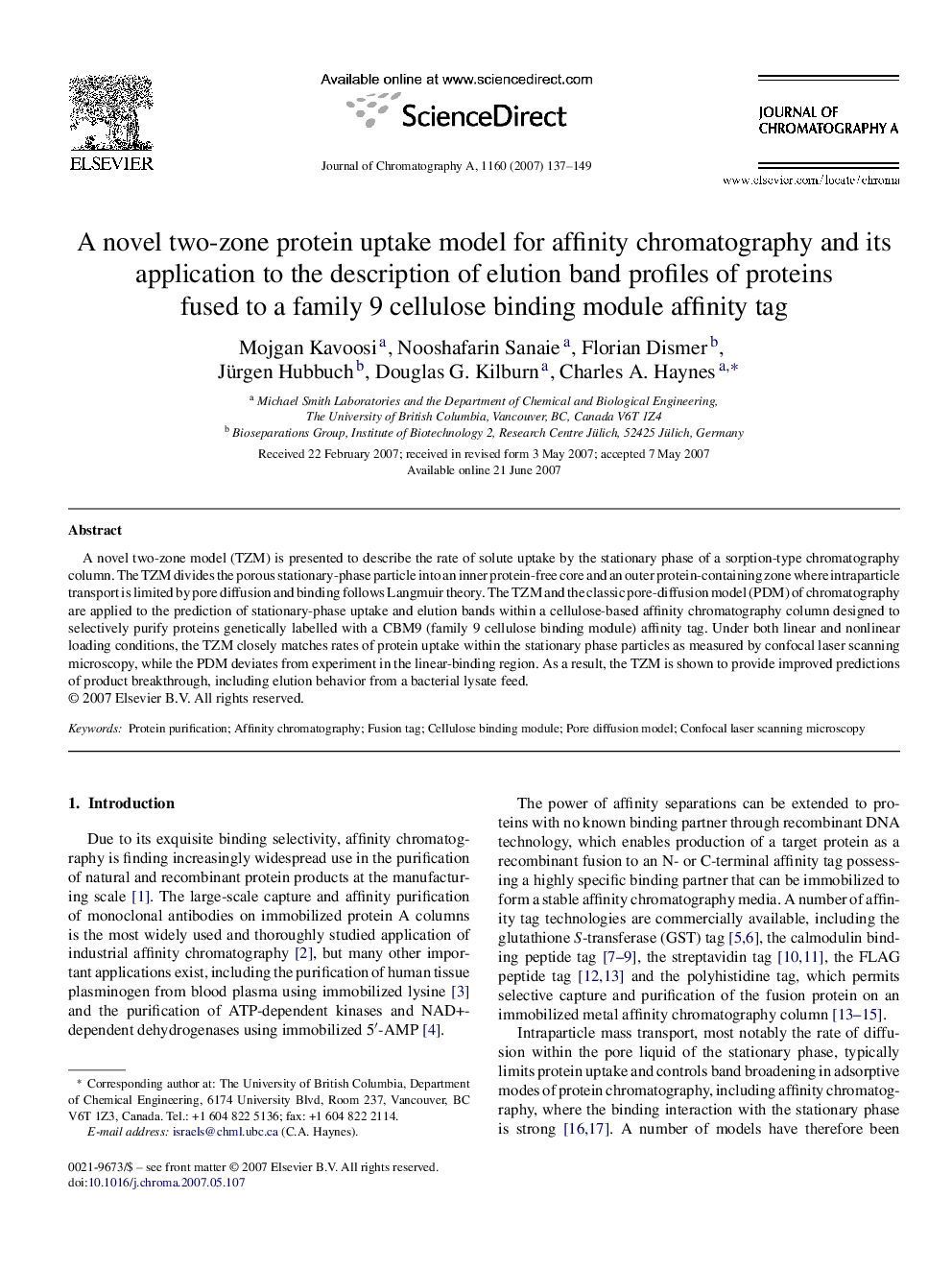 A novel two-zone protein uptake model for affinity chromatography and its application to the description of elution band profiles of proteins fused to a family 9 cellulose binding module affinity tag