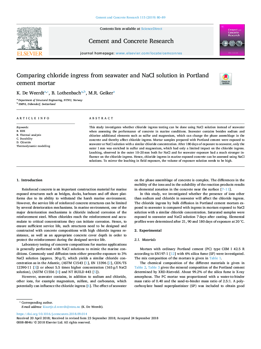 Comparing chloride ingress from seawater and NaCl solution in Portland cement mortar