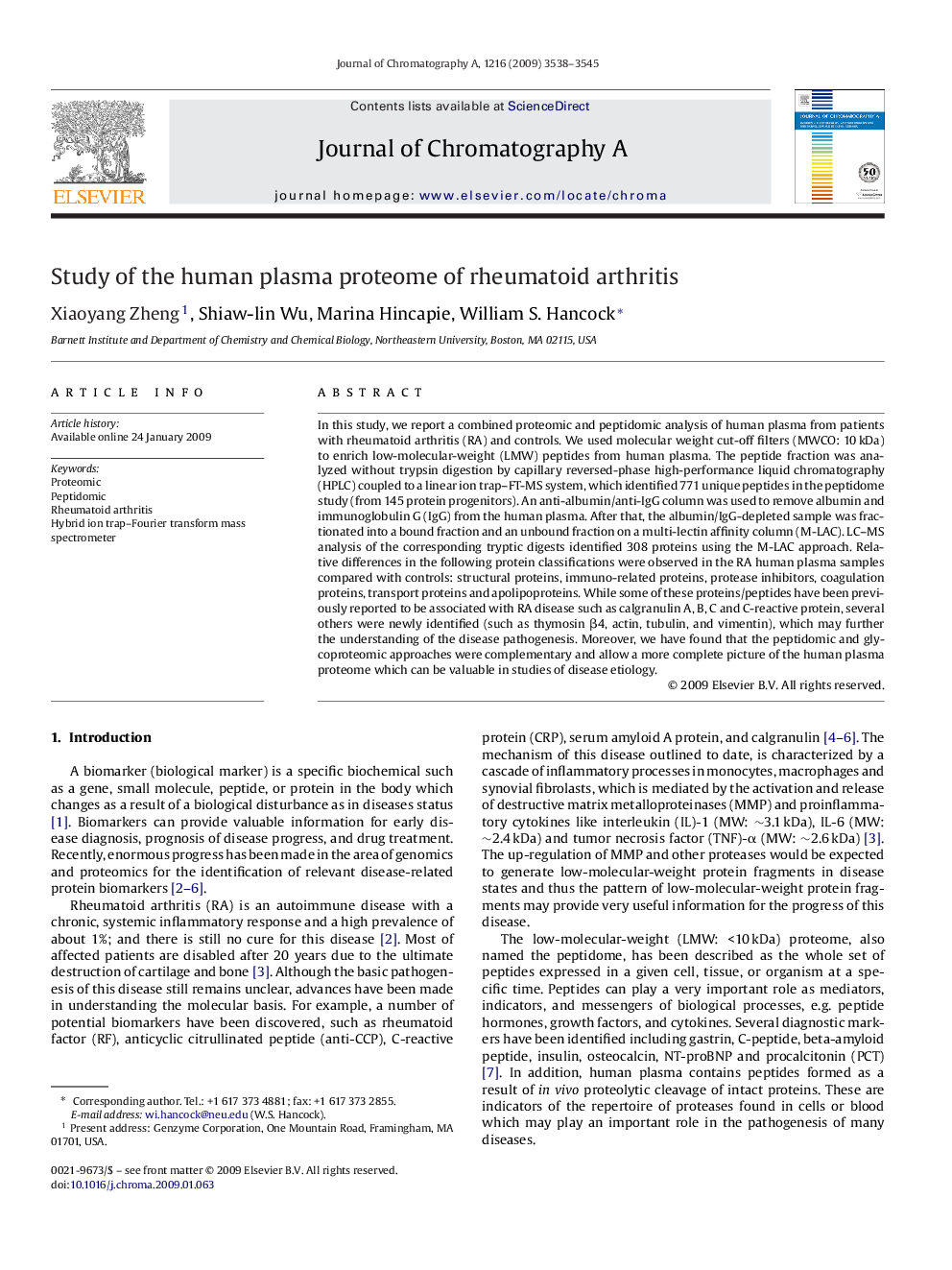 Study of the human plasma proteome of rheumatoid arthritis