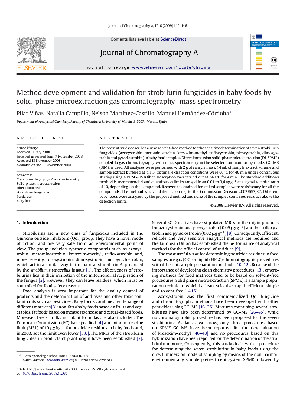 Method development and validation for strobilurin fungicides in baby foods by solid-phase microextraction gas chromatography–mass spectrometry