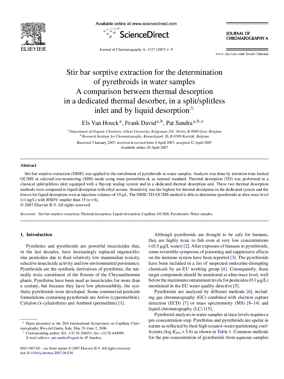 Stir bar sorptive extraction for the determination of pyrethroids in water samples : A comparison between thermal desorption in a dedicated thermal desorber, in a split/splitless inlet and by liquid desorption