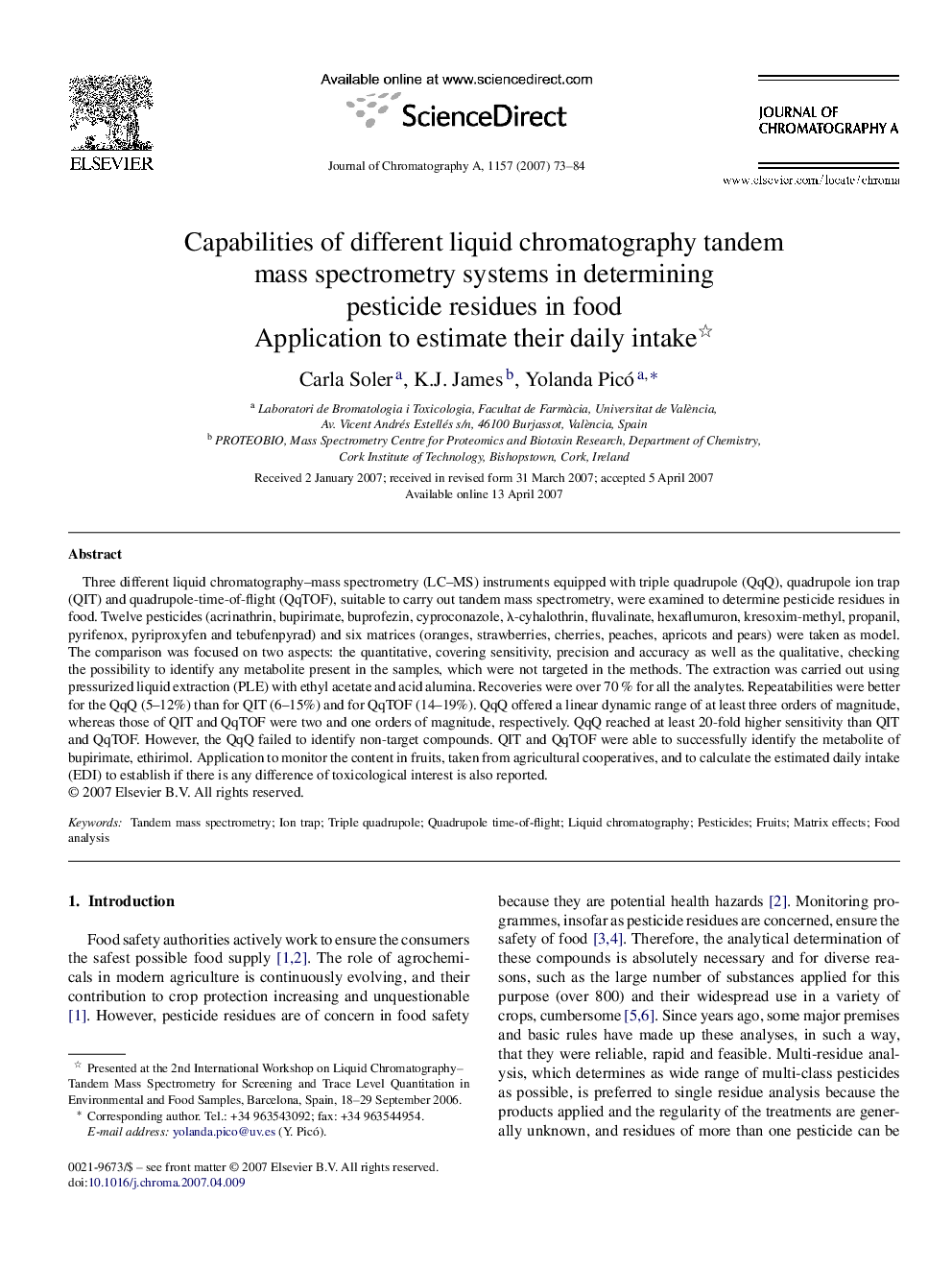 Capabilities of different liquid chromatography tandem mass spectrometry systems in determining pesticide residues in food : Application to estimate their daily intake