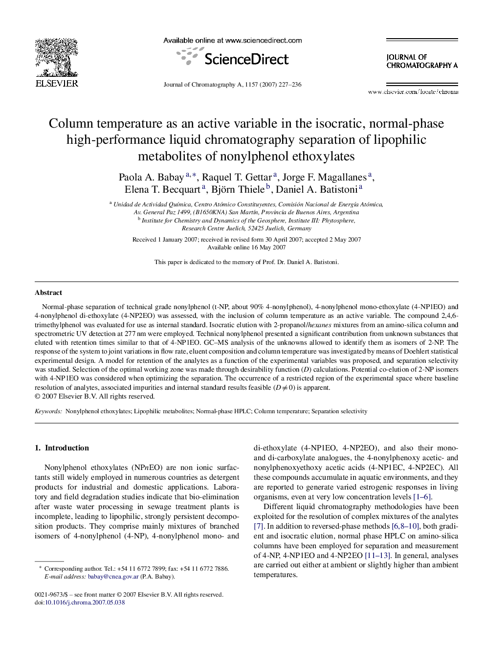 Column temperature as an active variable in the isocratic, normal-phase high-performance liquid chromatography separation of lipophilic metabolites of nonylphenol ethoxylates