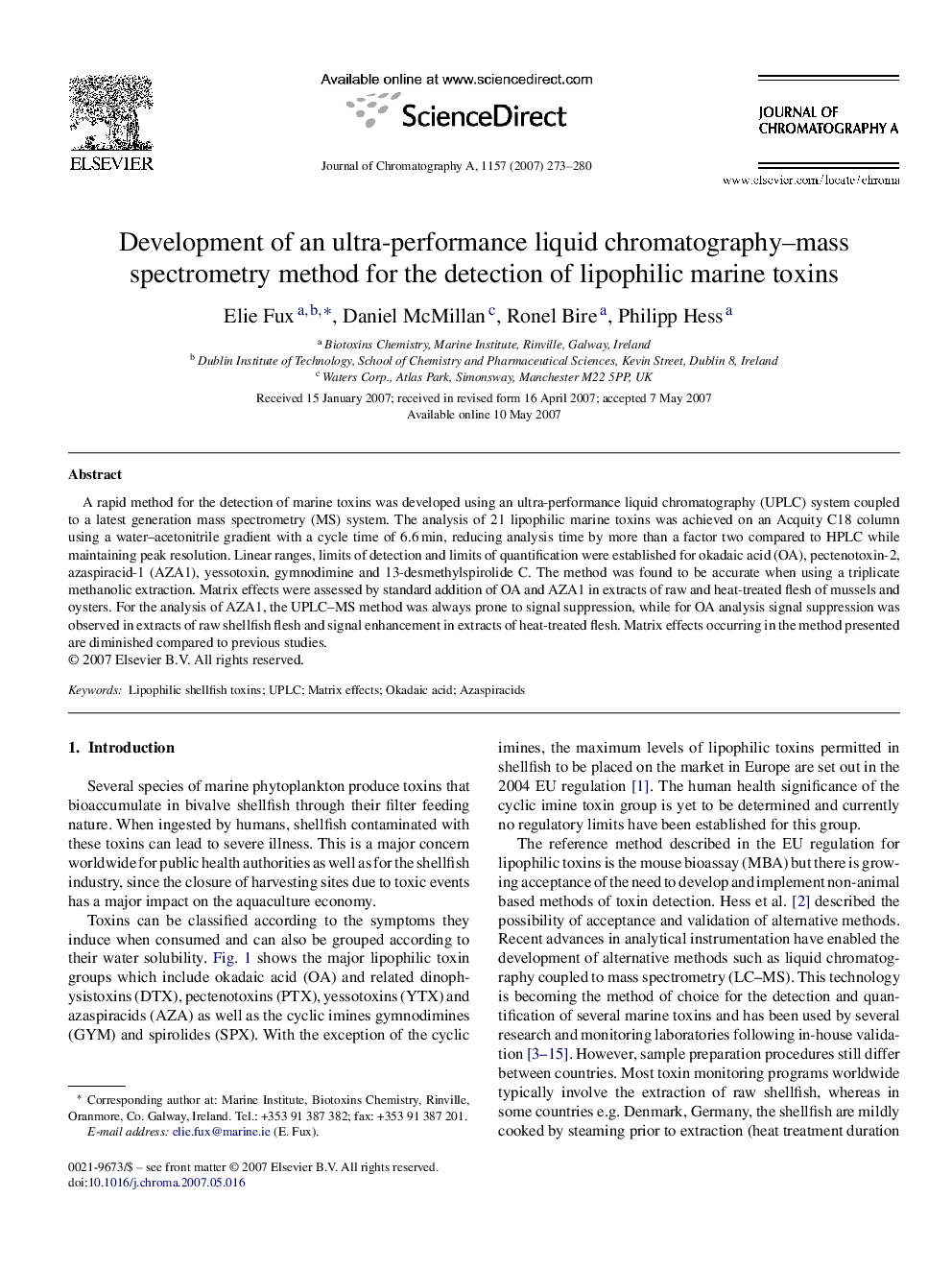 Development of an ultra-performance liquid chromatography–mass spectrometry method for the detection of lipophilic marine toxins