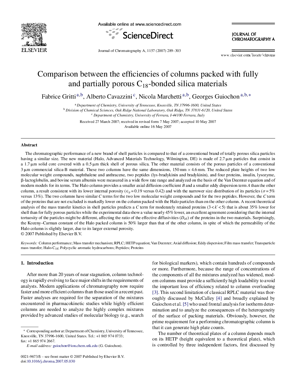 Comparison between the efficiencies of columns packed with fully and partially porous C18-bonded silica materials