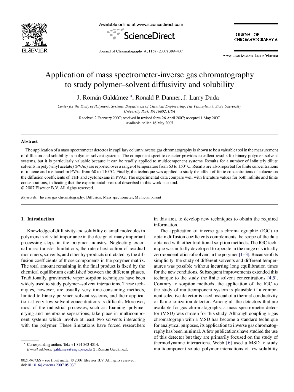 Application of mass spectrometer-inverse gas chromatography to study polymer–solvent diffusivity and solubility