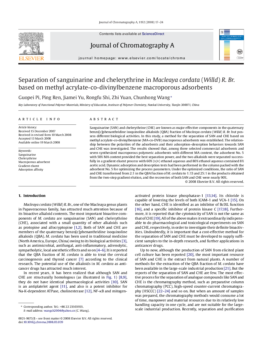 Separation of sanguinarine and chelerythrine in Macleaya cordata (Willd) R. Br. based on methyl acrylate-co-divinylbenzene macroporous adsorbents