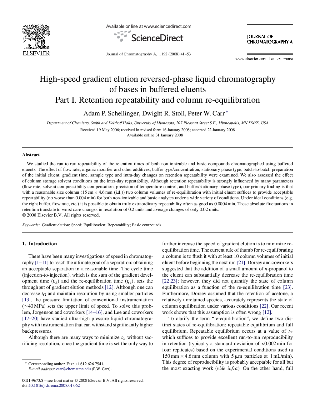 High-speed gradient elution reversed-phase liquid chromatography of bases in buffered eluents: Part I. Retention repeatability and column re-equilibration