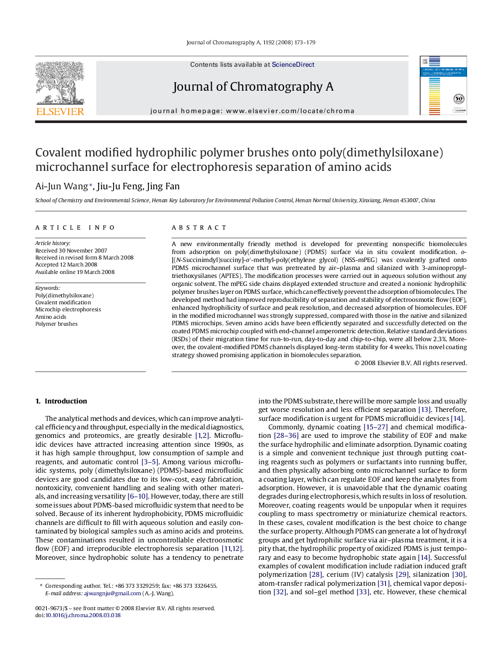 Covalent modified hydrophilic polymer brushes onto poly(dimethylsiloxane) microchannel surface for electrophoresis separation of amino acids