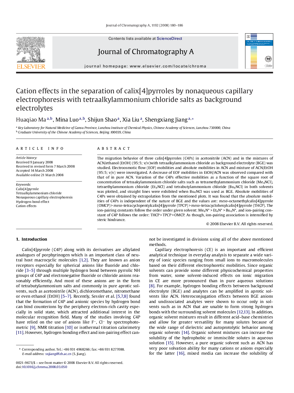 Cation effects in the separation of calix[4]pyrroles by nonaqueous capillary electrophoresis with tetraalkylammonium chloride salts as background electrolytes