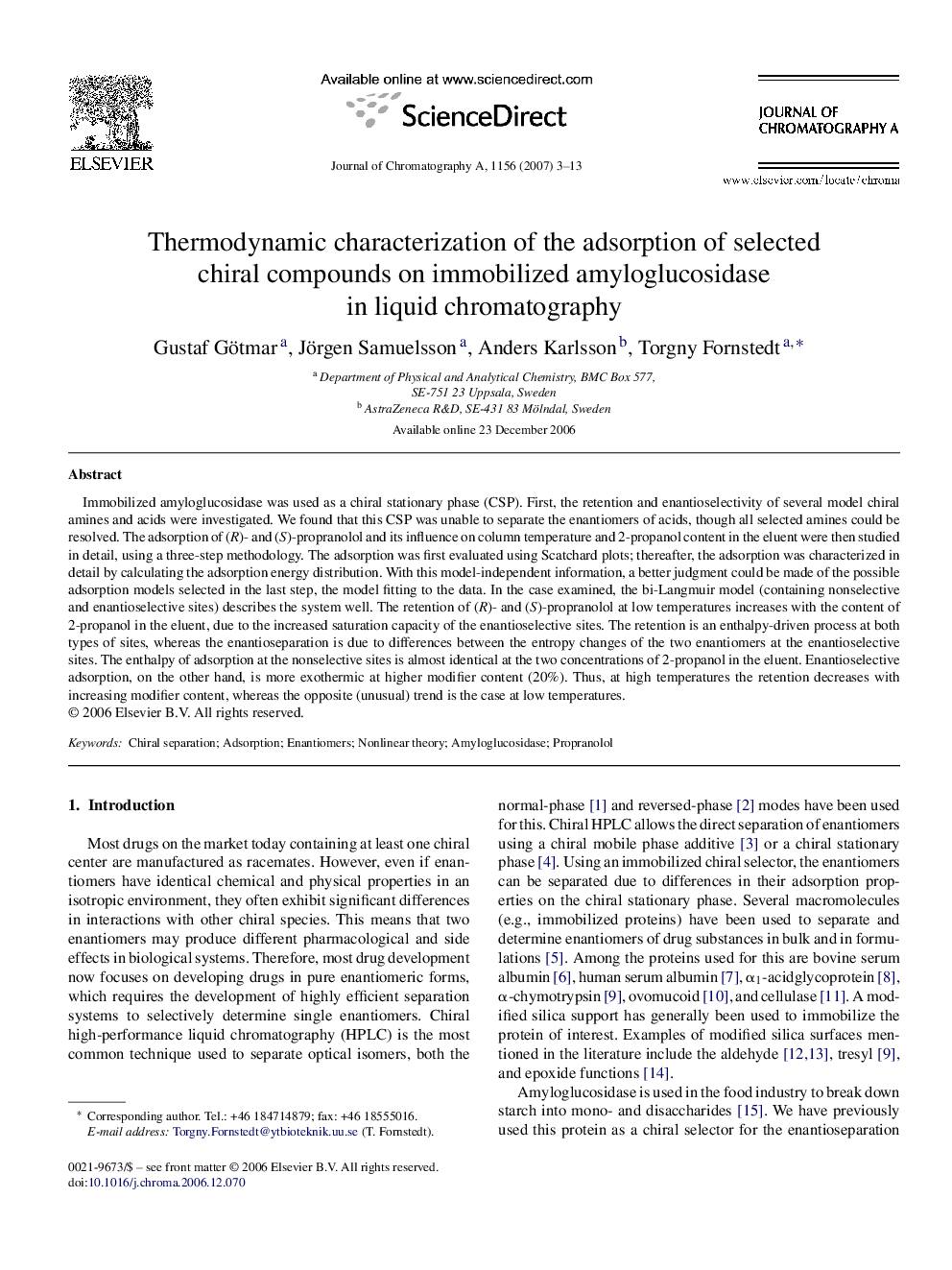 Thermodynamic characterization of the adsorption of selected chiral compounds on immobilized amyloglucosidase in liquid chromatography