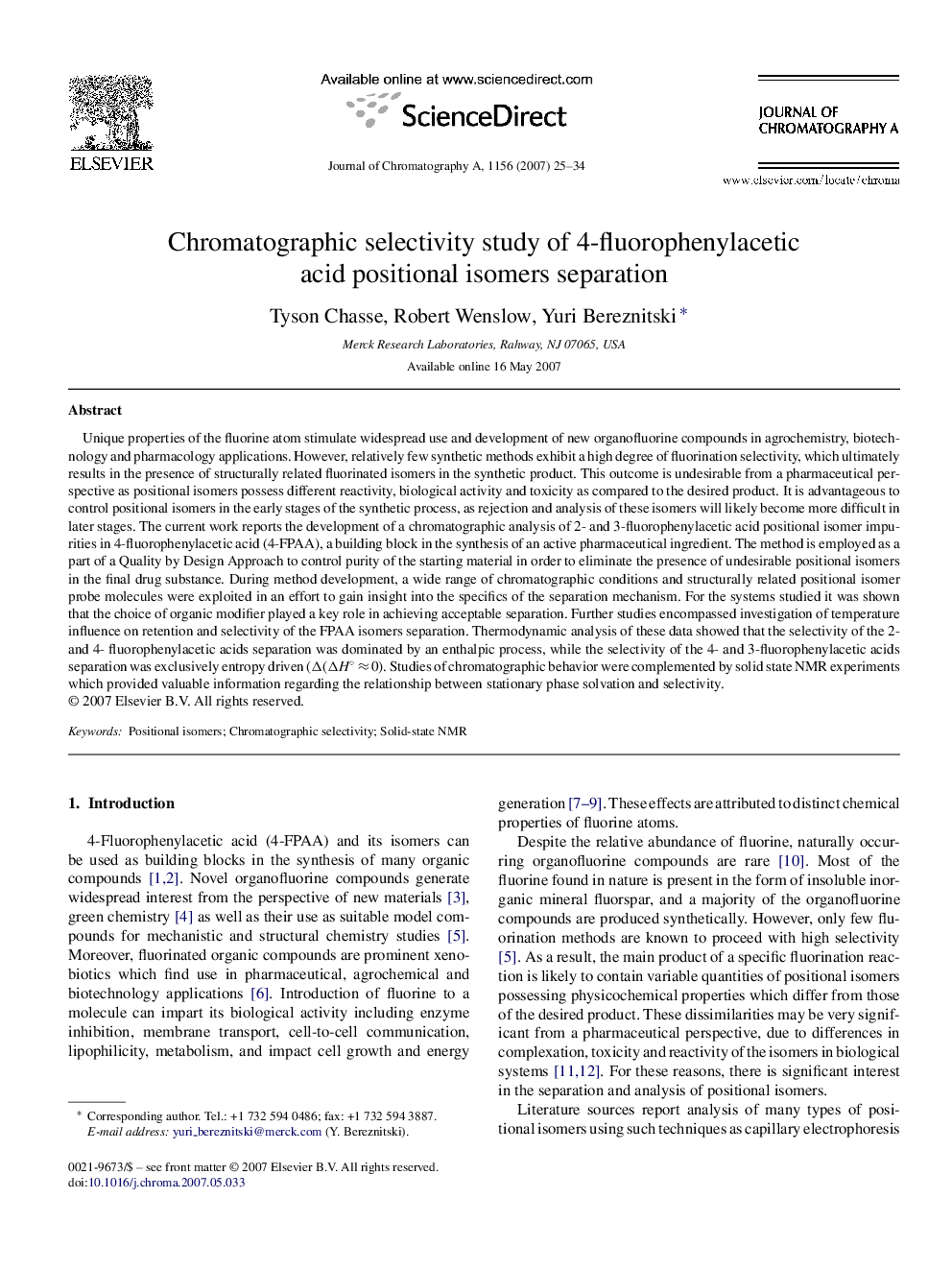 Chromatographic selectivity study of 4-fluorophenylacetic acid positional isomers separation