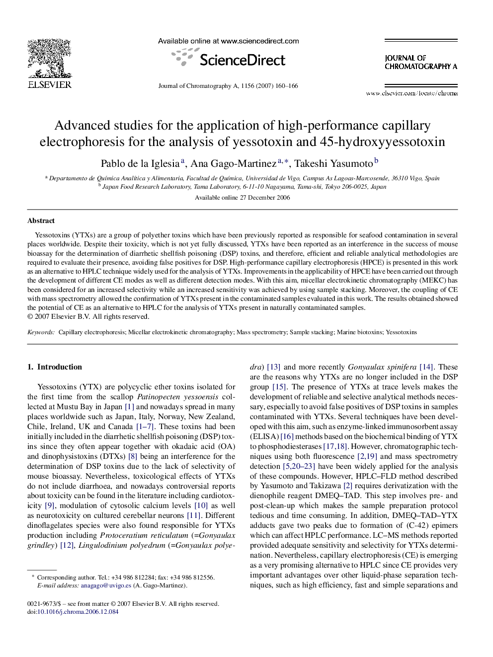 Advanced studies for the application of high-performance capillary electrophoresis for the analysis of yessotoxin and 45-hydroxyyessotoxin