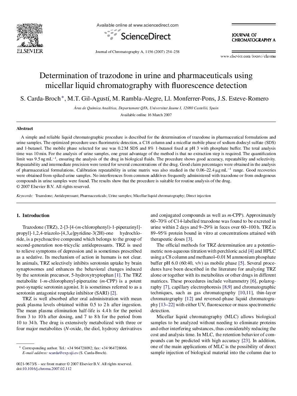 Determination of trazodone in urine and pharmaceuticals using micellar liquid chromatography with fluorescence detection