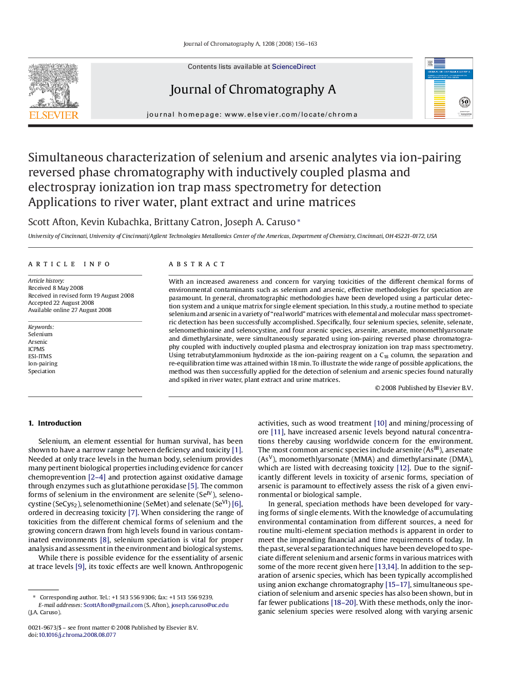 Simultaneous characterization of selenium and arsenic analytes via ion-pairing reversed phase chromatography with inductively coupled plasma and electrospray ionization ion trap mass spectrometry for detection: Applications to river water, plant extract a