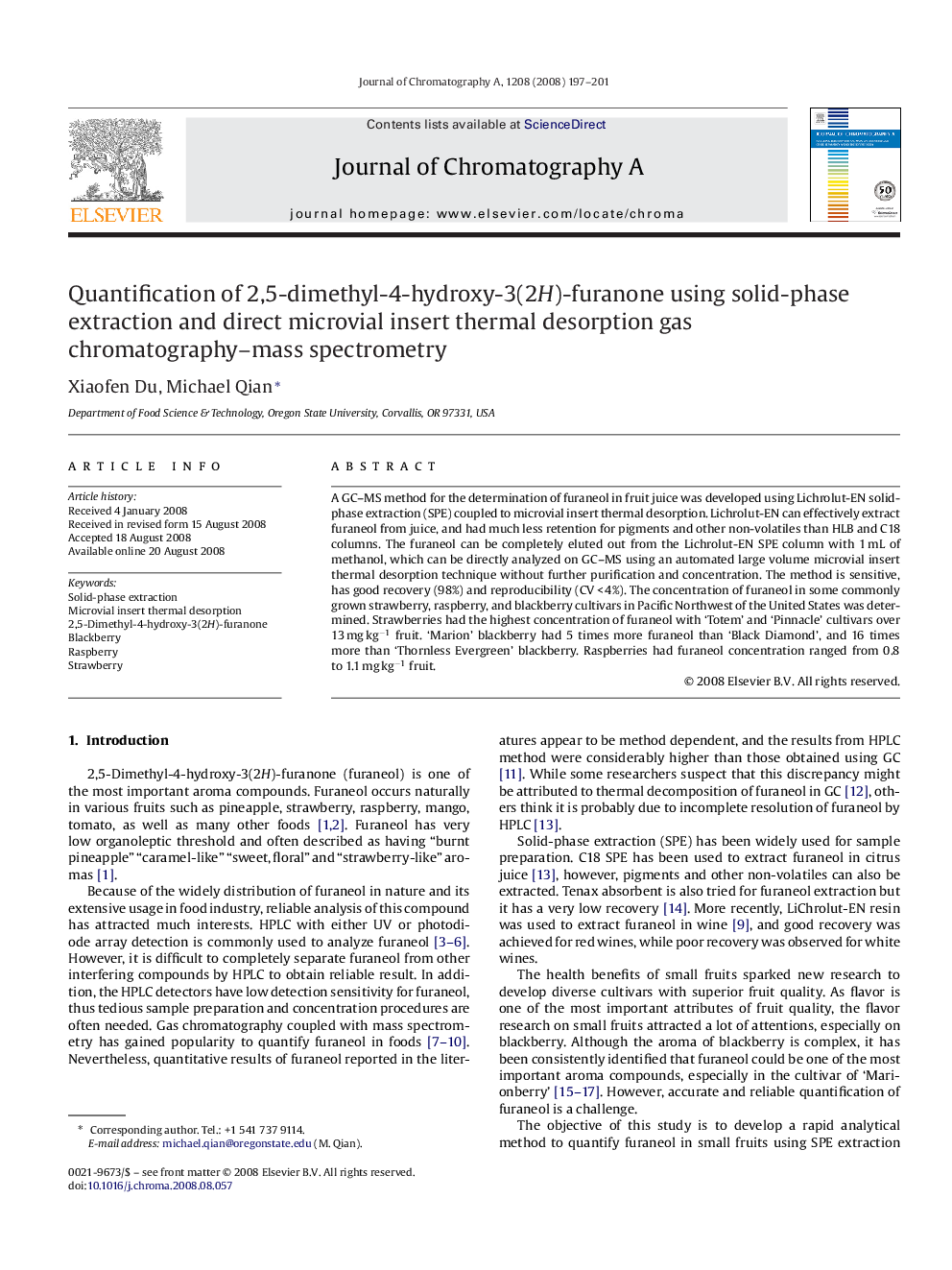 Quantification of 2,5-dimethyl-4-hydroxy-3(2H)-furanone using solid-phase extraction and direct microvial insert thermal desorption gas chromatography–mass spectrometry