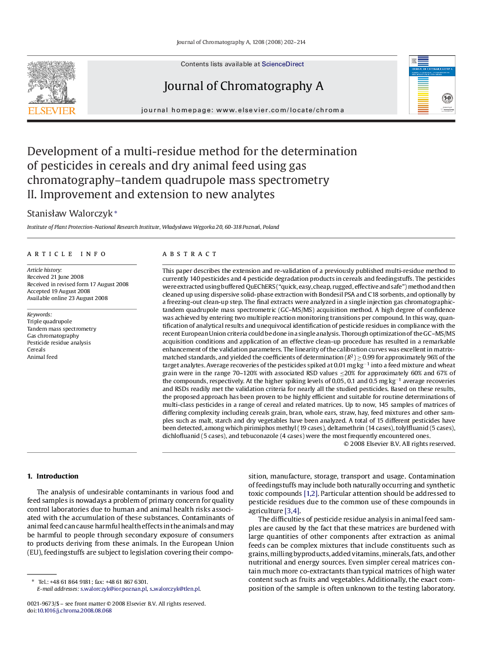 Development of a multi-residue method for the determination of pesticides in cereals and dry animal feed using gas chromatography–tandem quadrupole mass spectrometry: II. Improvement and extension to new analytes