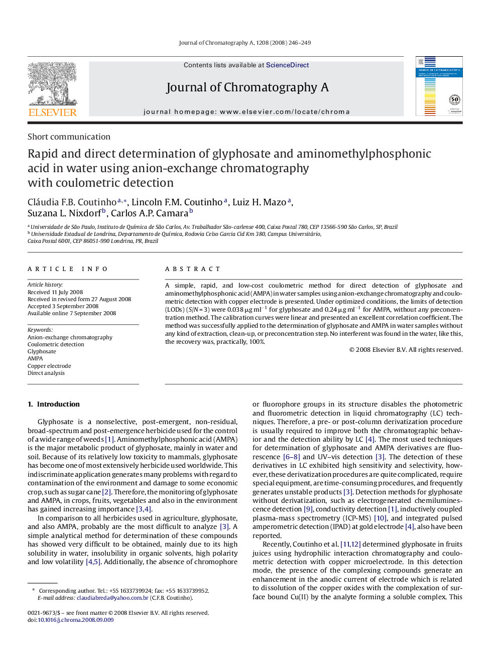 Rapid and direct determination of glyphosate and aminomethylphosphonic acid in water using anion-exchange chromatography with coulometric detection