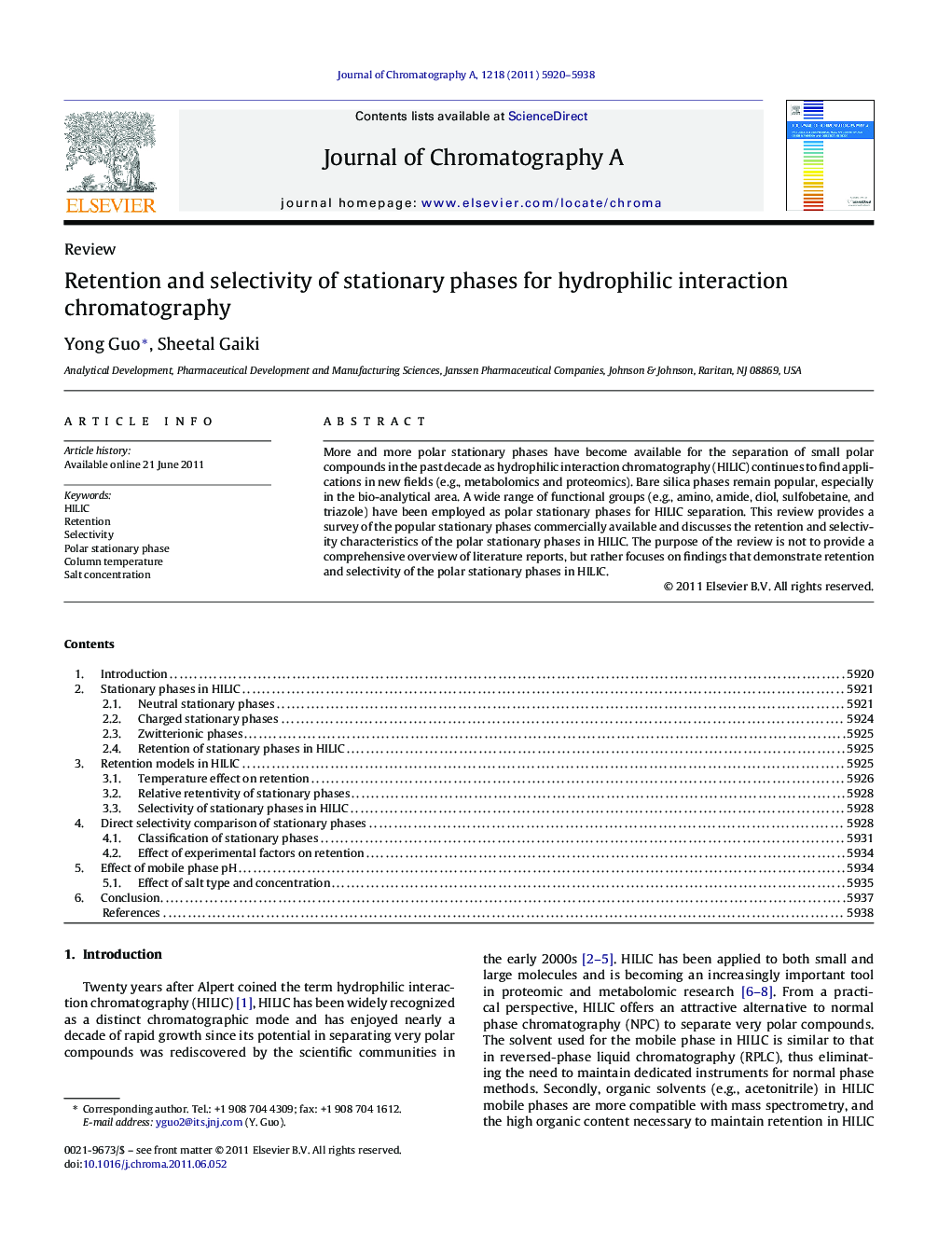 Retention and selectivity of stationary phases for hydrophilic interaction chromatography