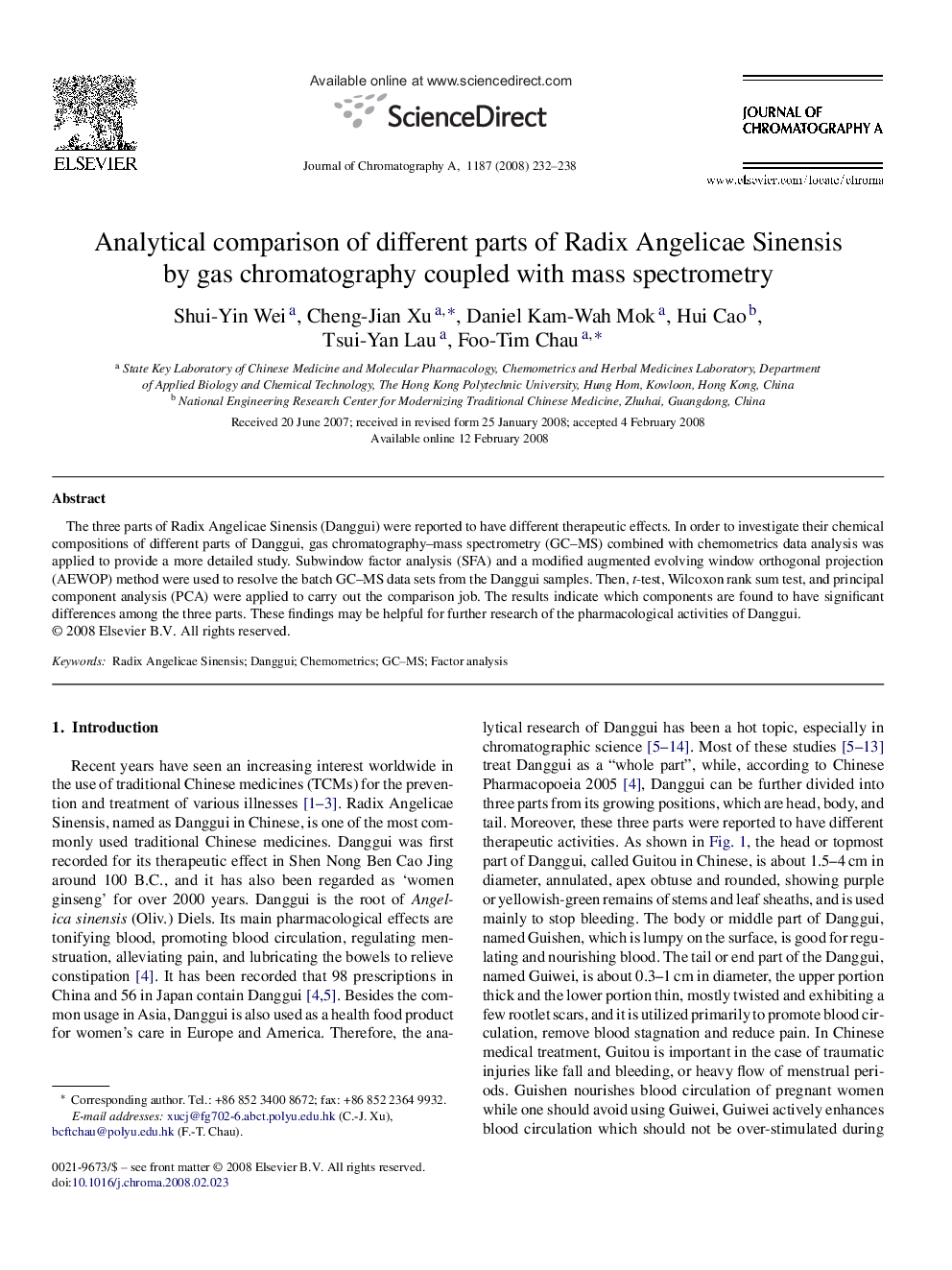 Analytical comparison of different parts of Radix Angelicae Sinensis by gas chromatography coupled with mass spectrometry