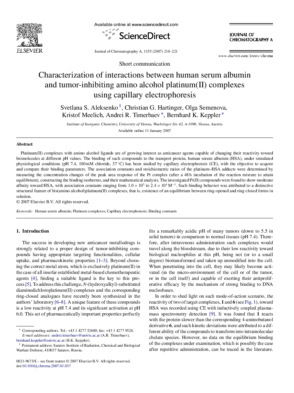 Characterization of interactions between human serum albumin and tumor-inhibiting amino alcohol platinum(II) complexes using capillary electrophoresis