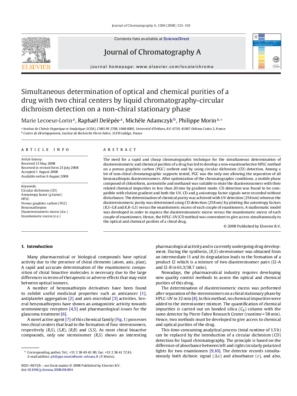 Simultaneous determination of optical and chemical purities of a drug with two chiral centers by liquid chromatography-circular dichroism detection on a non-chiral stationary phase