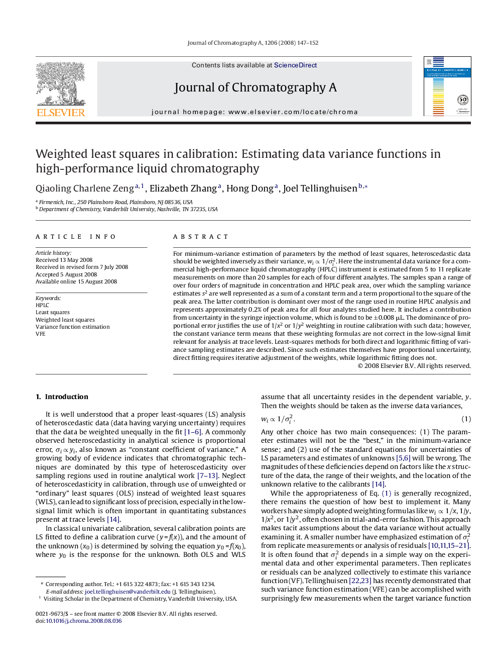 Weighted least squares in calibration: Estimating data variance functions in high-performance liquid chromatography