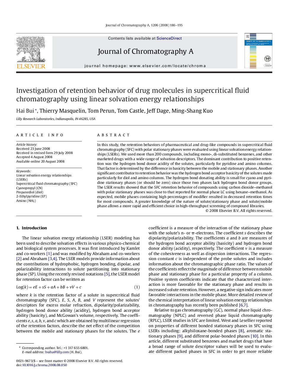 Investigation of retention behavior of drug molecules in supercritical fluid chromatography using linear solvation energy relationships