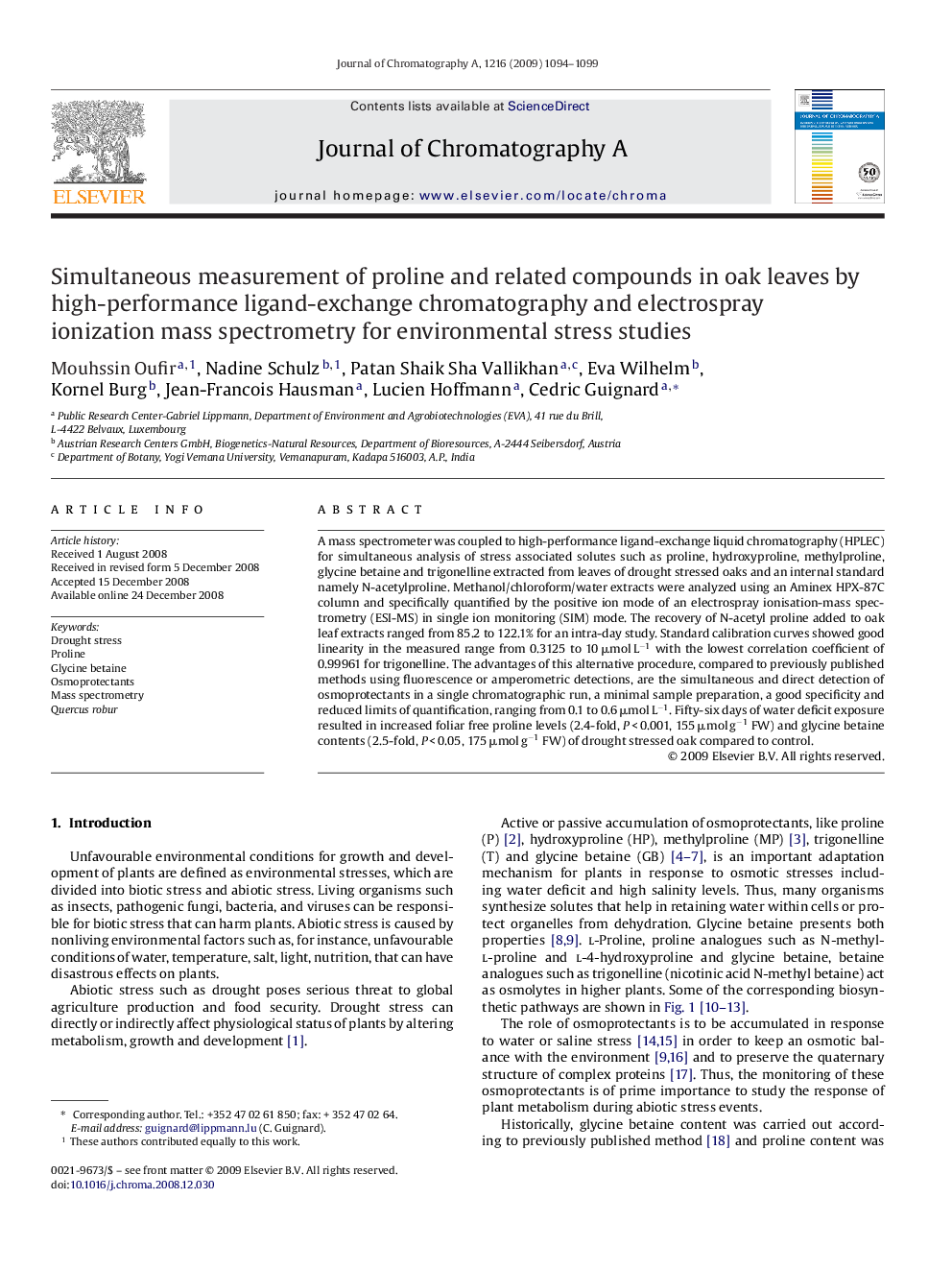 Simultaneous measurement of proline and related compounds in oak leaves by high-performance ligand-exchange chromatography and electrospray ionization mass spectrometry for environmental stress studies