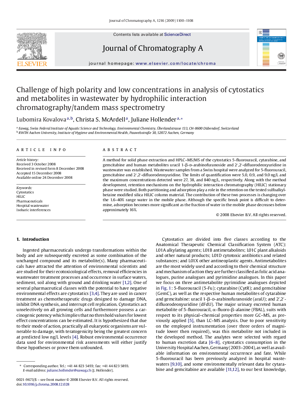 Challenge of high polarity and low concentrations in analysis of cytostatics and metabolites in wastewater by hydrophilic interaction chromatography/tandem mass spectrometry