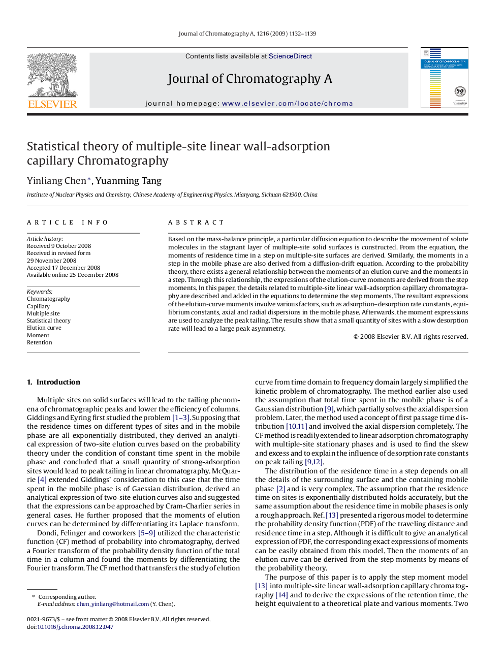 Statistical theory of multiple-site linear wall-adsorption capillary Chromatography