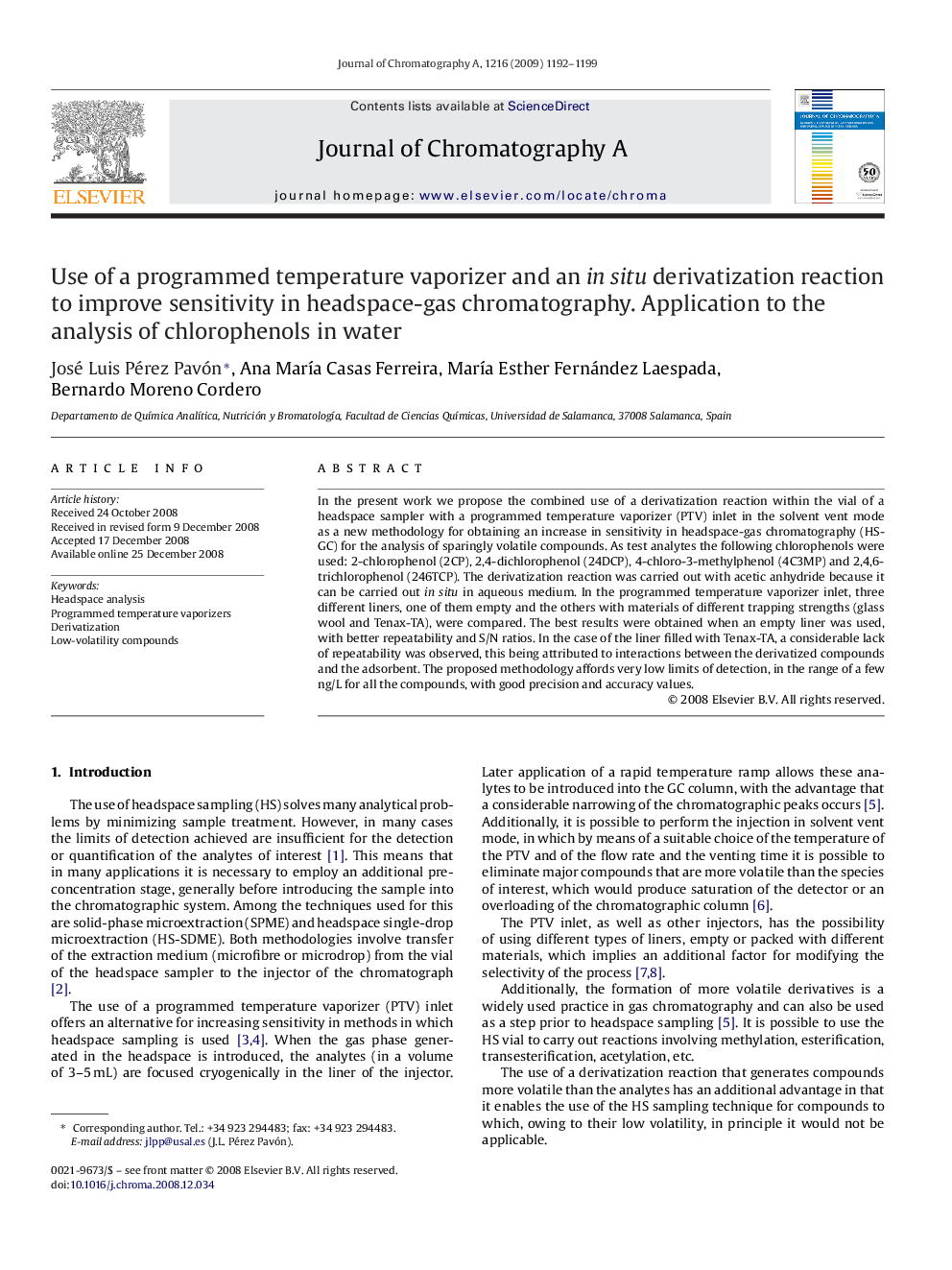 Use of a programmed temperature vaporizer and an in situ derivatization reaction to improve sensitivity in headspace-gas chromatography. Application to the analysis of chlorophenols in water