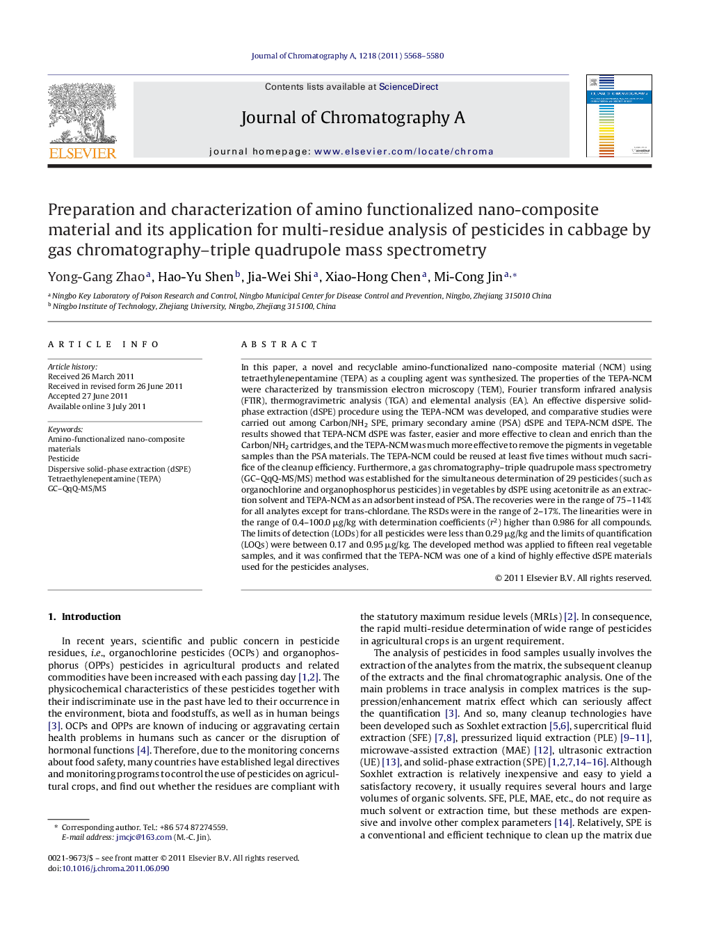 Preparation and characterization of amino functionalized nano-composite material and its application for multi-residue analysis of pesticides in cabbage by gas chromatography–triple quadrupole mass spectrometry