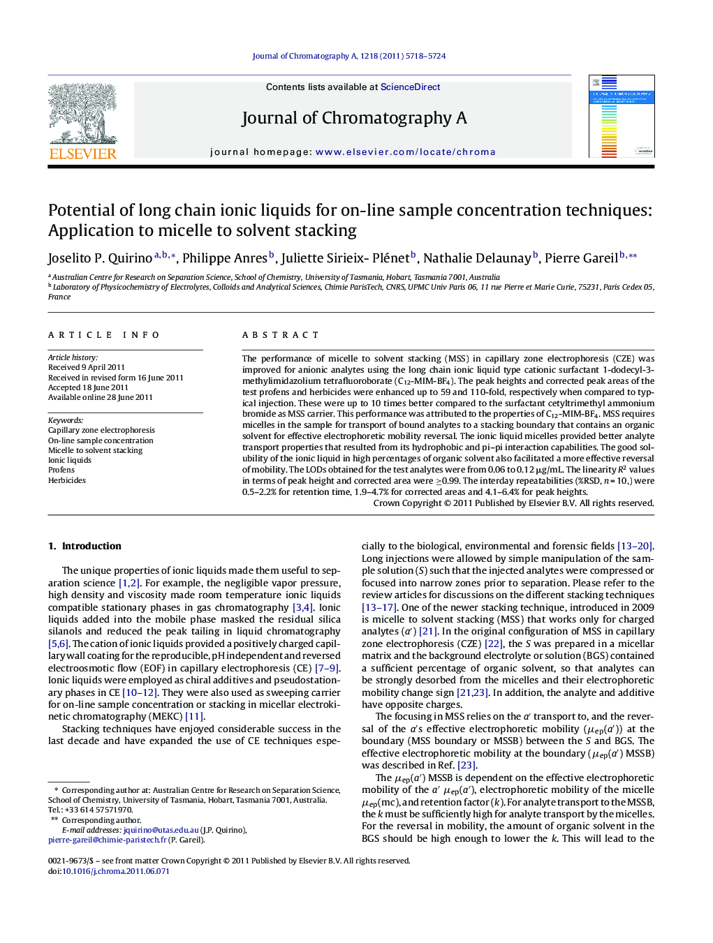 Potential of long chain ionic liquids for on-line sample concentration techniques: Application to micelle to solvent stacking