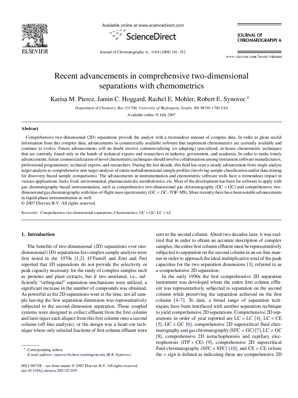 Recent advancements in comprehensive two-dimensional separations with chemometrics