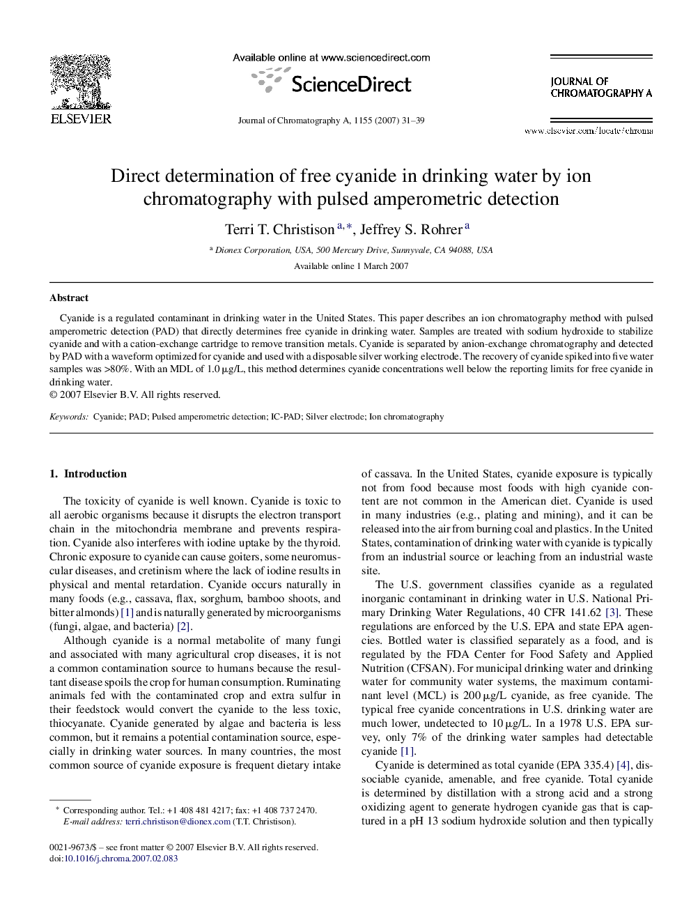 Direct determination of free cyanide in drinking water by ion chromatography with pulsed amperometric detection