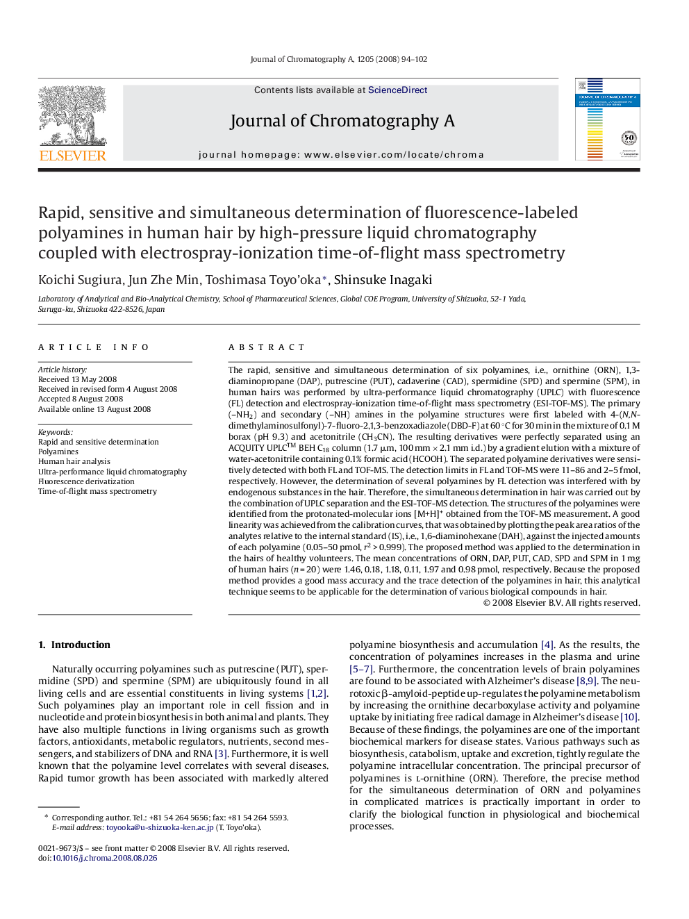 Rapid, sensitive and simultaneous determination of fluorescence-labeled polyamines in human hair by high-pressure liquid chromatography coupled with electrospray-ionization time-of-flight mass spectrometry