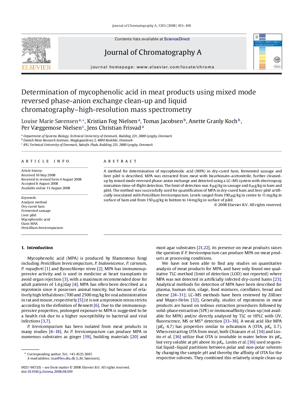 Determination of mycophenolic acid in meat products using mixed mode reversed phase-anion exchange clean-up and liquid chromatography–high-resolution mass spectrometry