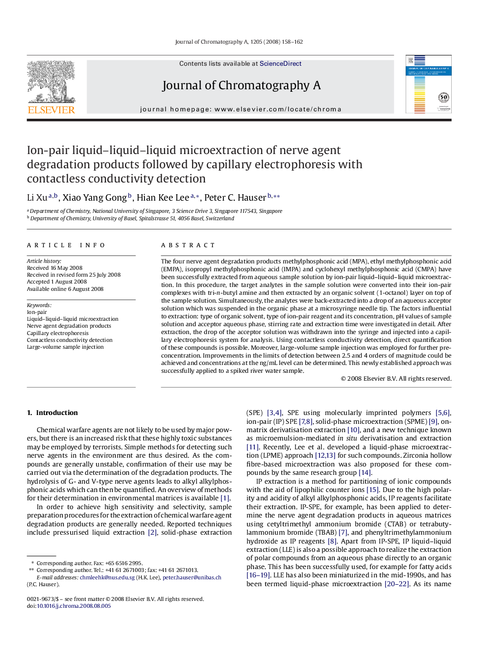 Ion-pair liquid–liquid–liquid microextraction of nerve agent degradation products followed by capillary electrophoresis with contactless conductivity detection