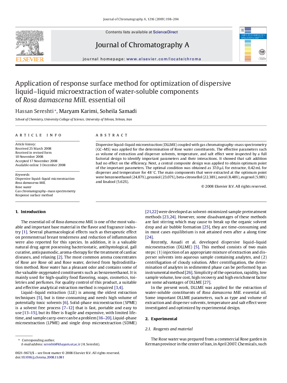 Application of response surface method for optimization of dispersive liquid–liquid microextraction of water-soluble components of Rosa damascena Mill. essential oil