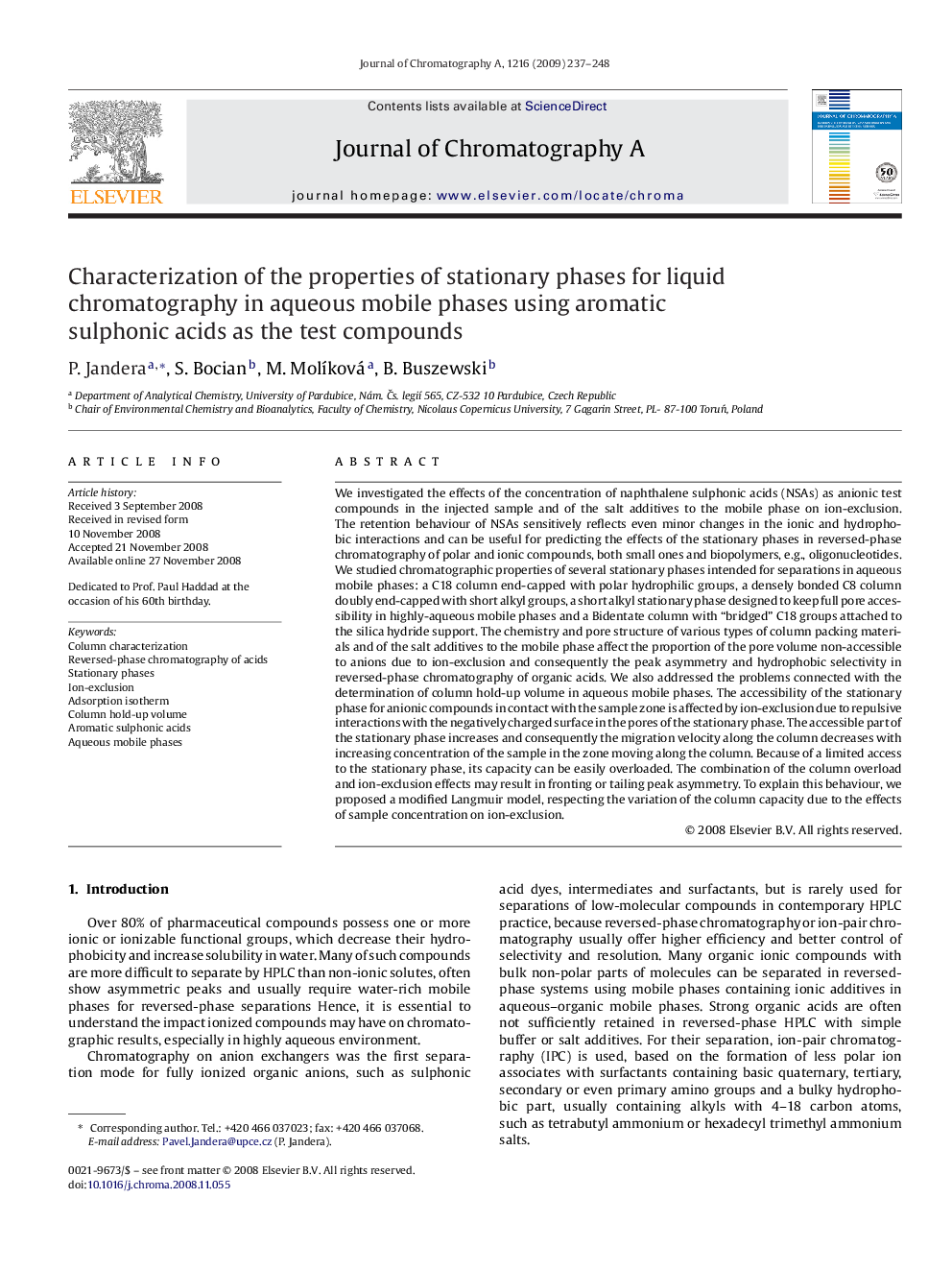 Characterization of the properties of stationary phases for liquid chromatography in aqueous mobile phases using aromatic sulphonic acids as the test compounds